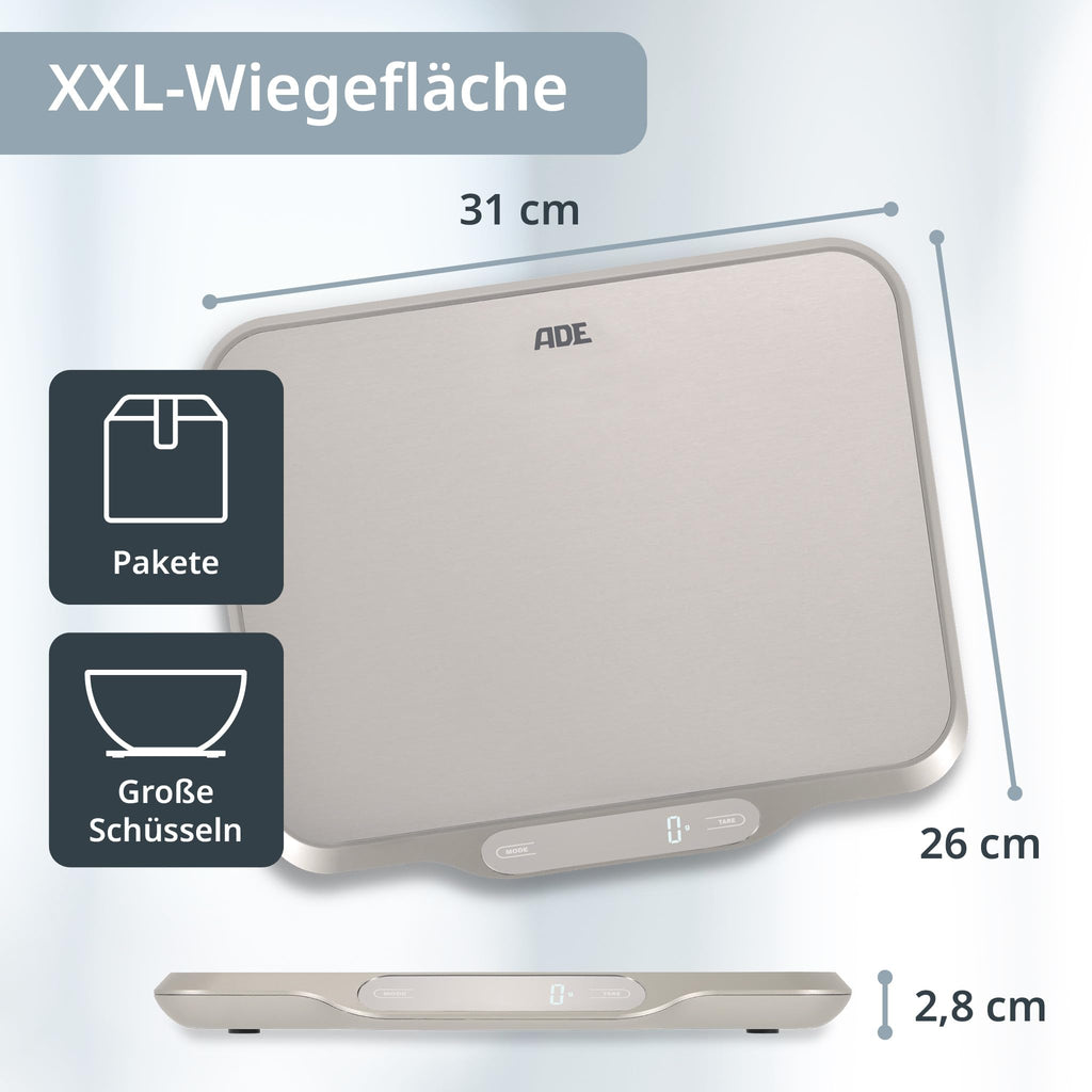 ADE Extra große Küchenwaage digital bis 15kg | Küchenwaage große Wiegefläche 26x31 cm | perfekt als Kuchenwaage, Paketwaage, Fleischwaage