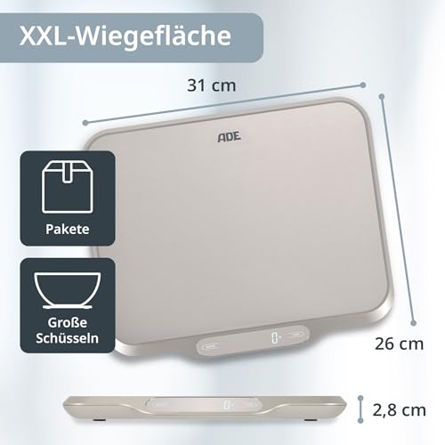ADE Extra große Küchenwaage digital bis 15kg | Küchenwaage große Wiegefläche 26x31 cm | perfekt als Kuchenwaage, Paketwaage, Fleischwaage