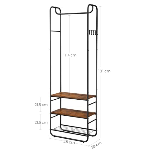 VASAGLE Garderobenständer, Garderobe, Kleiderständer, mit Schuhablage, Schuhregal, Flur, Schlafzimmer, 58 x 28 x 181 cm, Industrie-Design, braun + schwarz HSR81BX