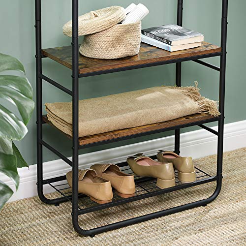 VASAGLE Garderobenständer, Garderobe, Kleiderständer, mit Schuhablage, Schuhregal, Flur, Schlafzimmer, 58 x 28 x 181 cm, Industrie-Design, braun + schwarz HSR81BX