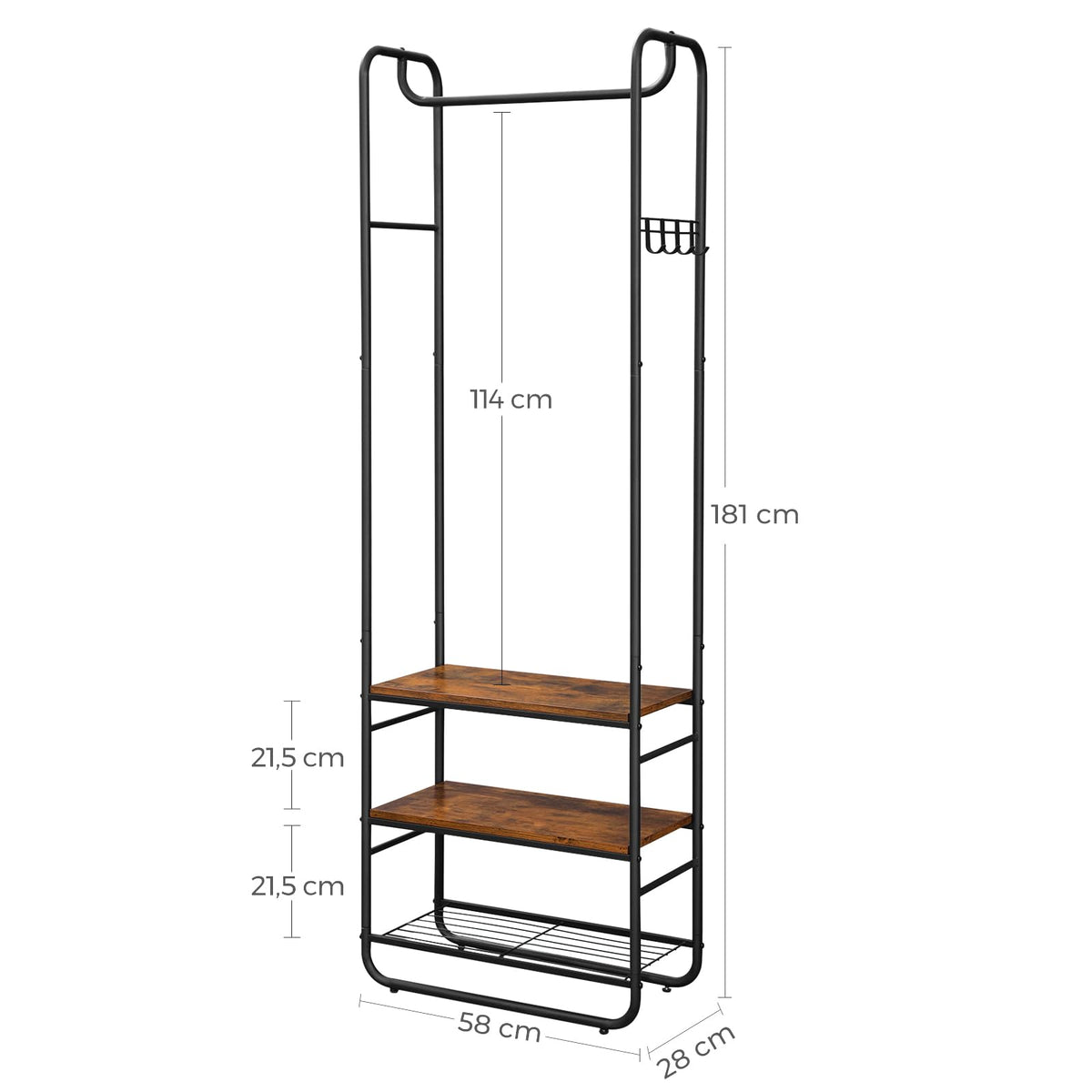 VASAGLE Garderobenständer, Garderobe, Kleiderständer, mit Schuhablage, Schuhregal, Flur, Schlafzimmer, 58 x 28 x 181 cm, Industrie-Design, braun + schwarz HSR81BX