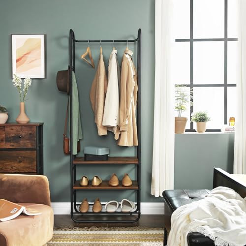 VASAGLE Garderobenständer, Garderobe, Kleiderständer, mit Schuhablage, Schuhregal, Flur, Schlafzimmer, 58 x 28 x 181 cm, Industrie-Design, braun + schwarz HSR81BX