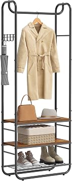 VASAGLE Garderobenständer, Garderobe, Kleiderständer, mit Schuhablage, Schuhregal, Flur, Schlafzimmer, 58 x 28 x 181 cm, Industrie-Design, braun + schwarz HSR81BX