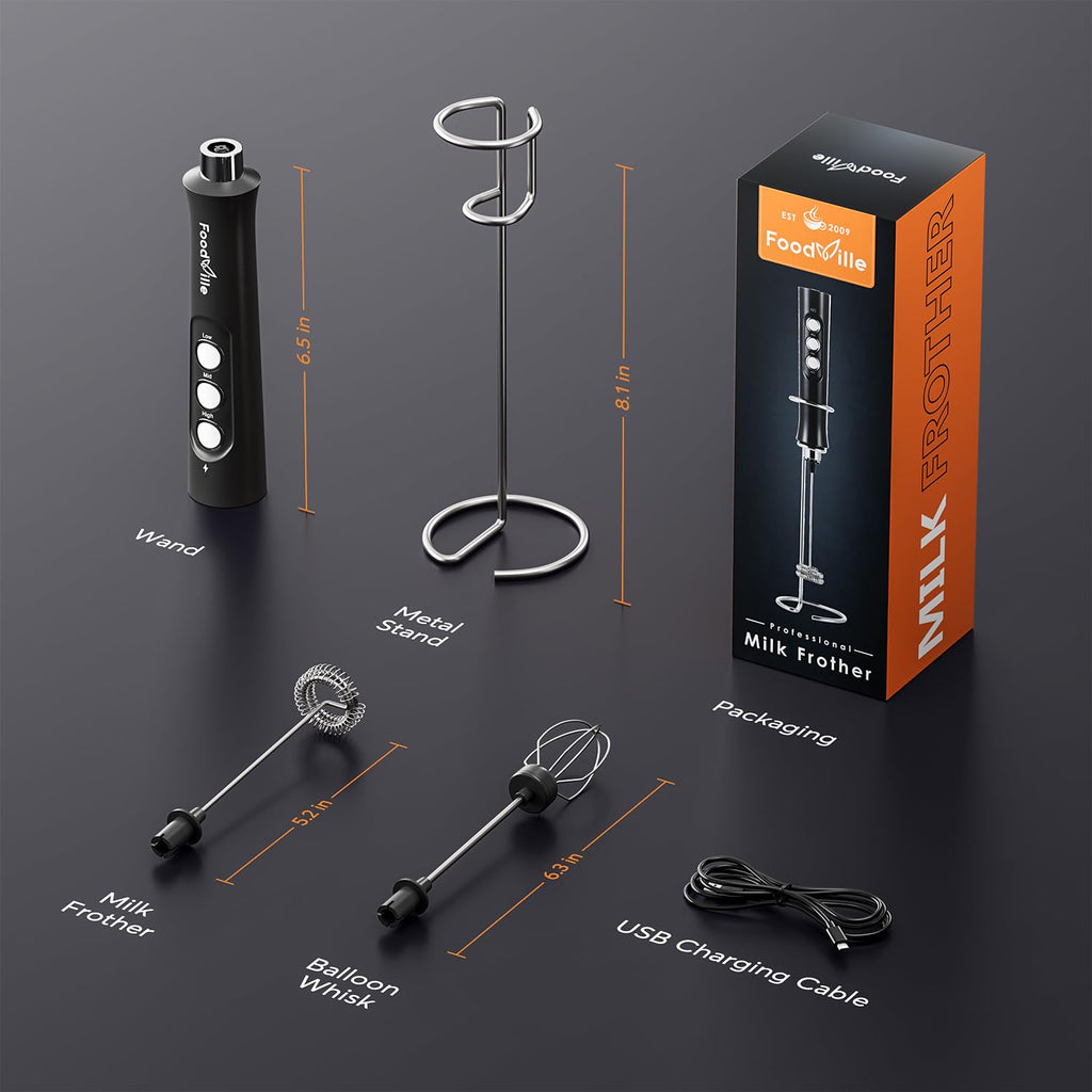 FoodVille MF02 2 in 1 Wiederaufladbarer Milchaufschäumer Stab USB Elektrische für Latte, Macchiato, Cappuccino, Kugelsicherer, Proteinpulver, Keto-Diät, Matcha