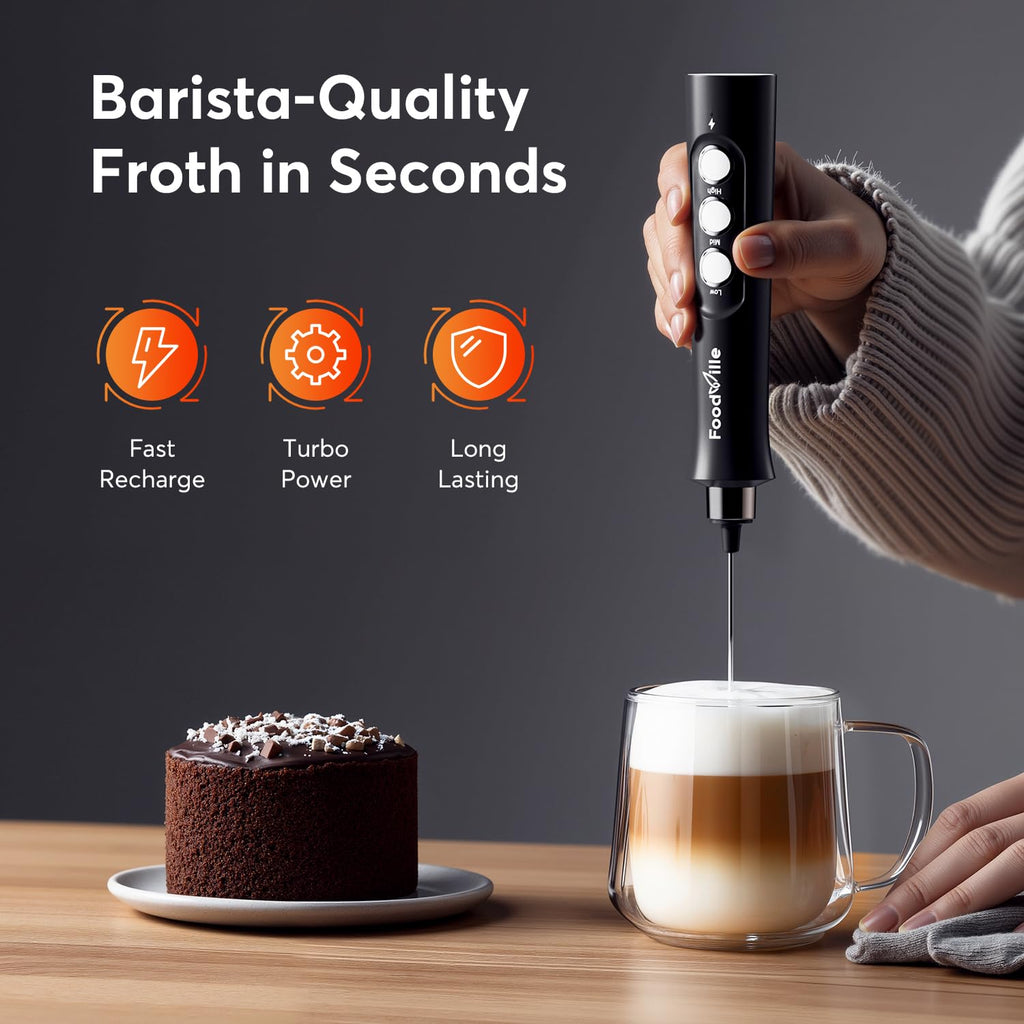 FoodVille MF02 2 in 1 Wiederaufladbarer Milchaufschäumer Stab USB Elektrische für Latte, Macchiato, Cappuccino, Kugelsicherer, Proteinpulver, Keto-Diät, Matcha