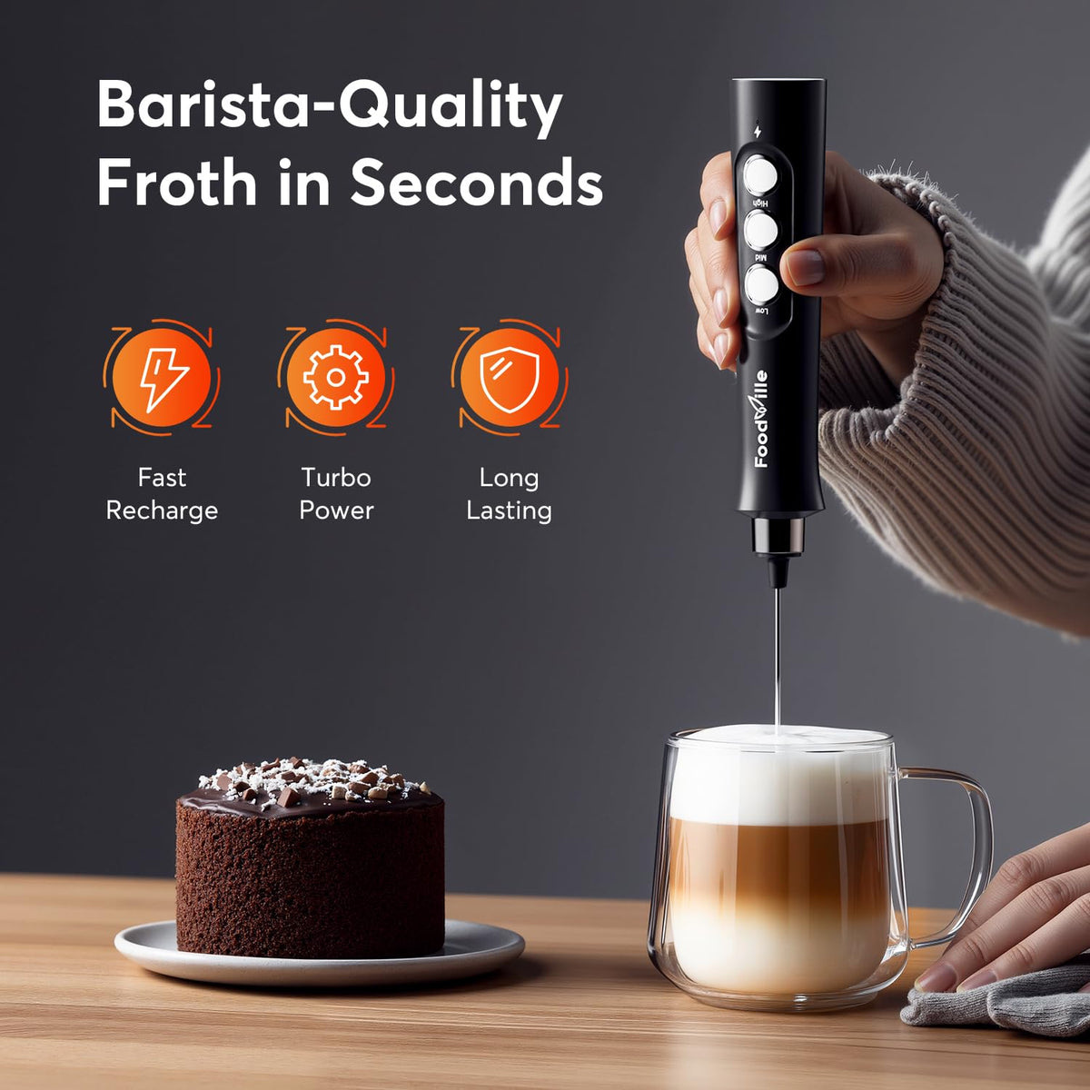 FoodVille MF02 2 in 1 Wiederaufladbarer Milchaufschäumer Stab USB Elektrische für Latte, Macchiato, Cappuccino, Kugelsicherer, Proteinpulver, Keto-Diät, Matcha