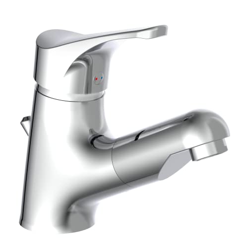 ATTICA 22150 Waschtischarmatur Bad, Wasserhahn mit Haarbrause, Badarmatur mit ausziehbarer Brause zum Haarewaschen, Einhebelmischer herausziehbar mit Ablaufgarnitur, Chrom