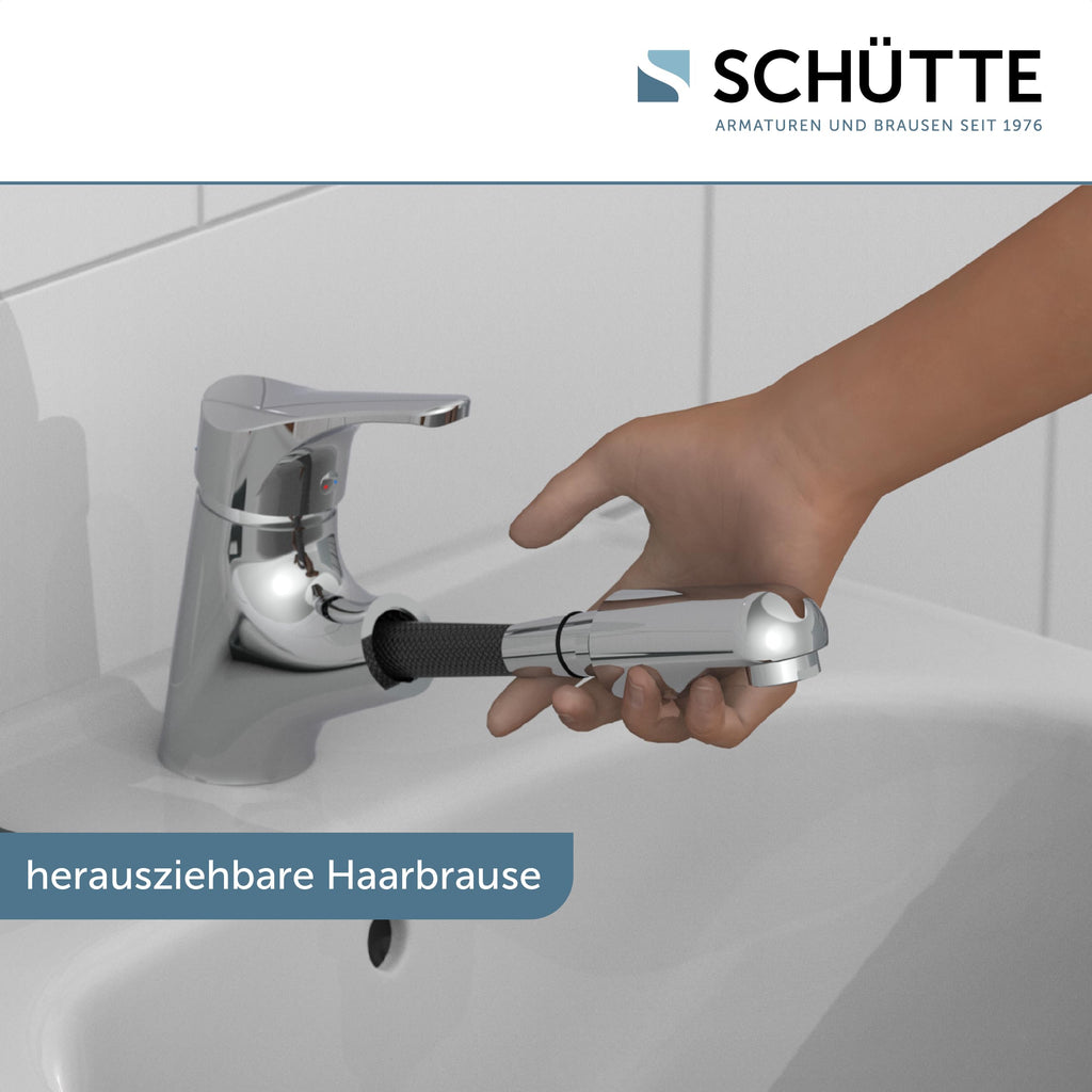 ATTICA 22150 Waschtischarmatur Bad, Wasserhahn mit Haarbrause, Badarmatur mit ausziehbarer Brause zum Haarewaschen, Einhebelmischer herausziehbar mit Ablaufgarnitur, Chrom