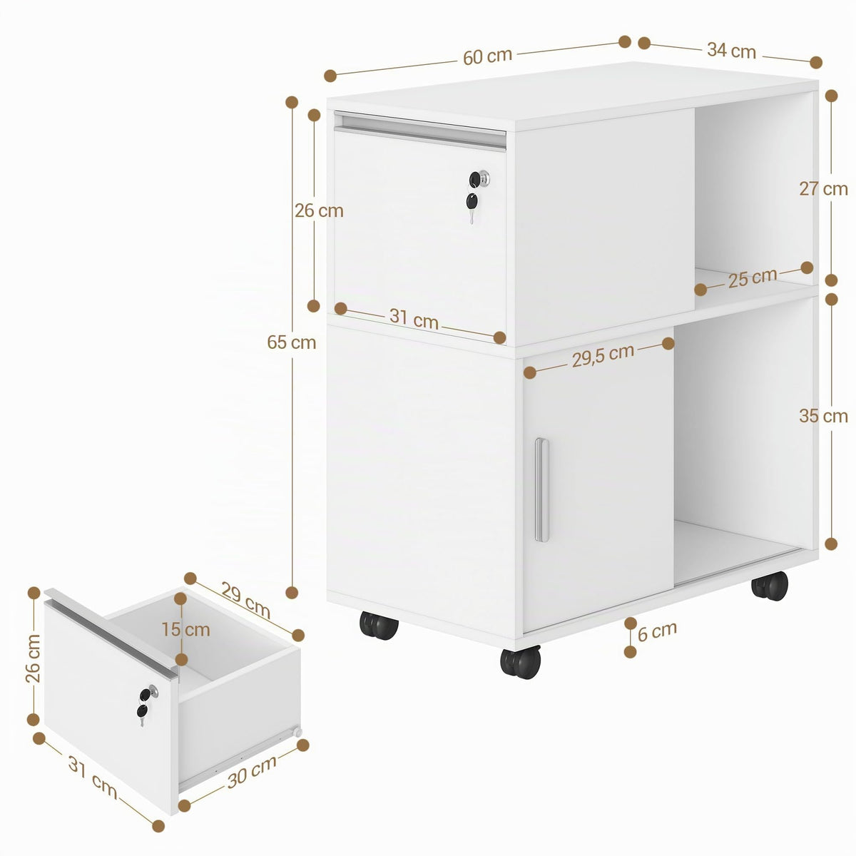 Hzuaneri Rollcontainer 34 x 60 x 70 cm Schubladen Türen weiß