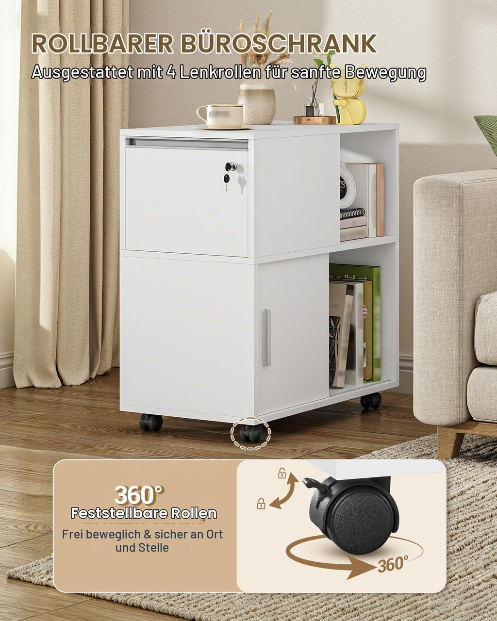 Hzuaneri Rollcontainer 34 x 60 x 70 cm Schubladen Türen weiß