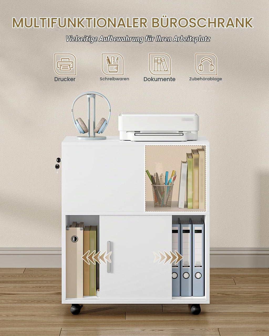 Hzuaneri Rollcontainer 34 x 60 x 70 cm Schubladen Türen weiß