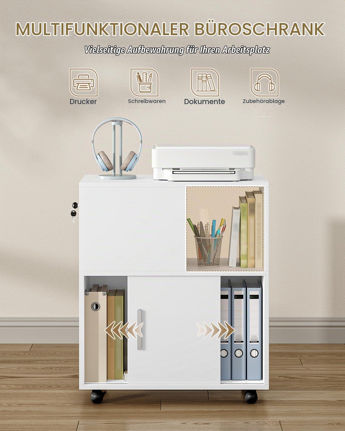 Hzuaneri Rollcontainer 34 x 60 x 70 cm Schubladen Türen weiß