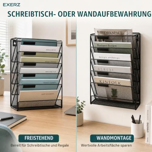 EXERZ Zeitschriften Wandhalter A4, Zeitschriftenhalter Wand, Prospekthalter, 5-lagiges Magzinregal, 5 Fächer Prospektspenderset, , Freistehend und Wandhalterung, Schwarz