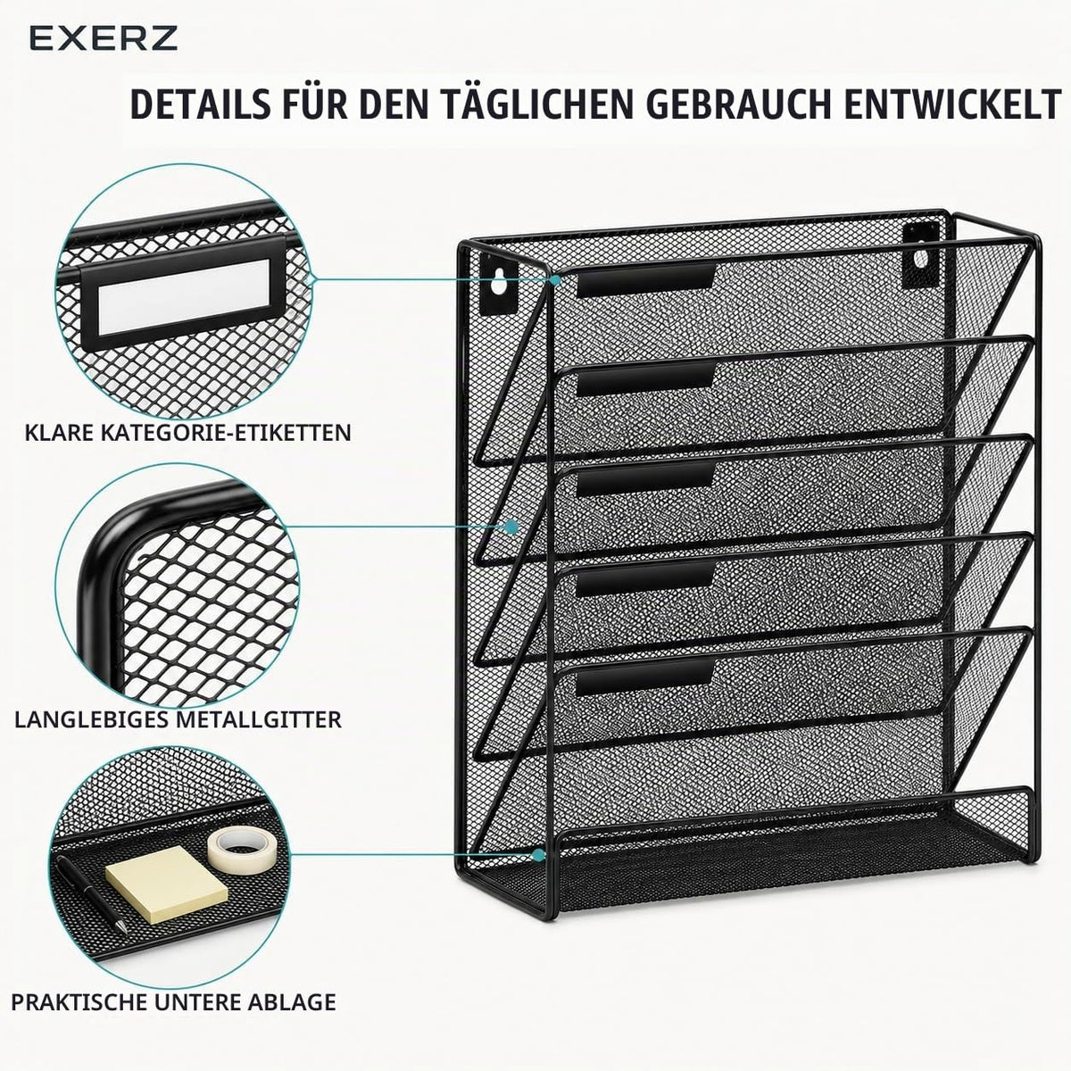 EXERZ Zeitschriften Wandhalter A4, Zeitschriftenhalter Wand, Prospekthalter, 5-lagiges Magzinregal, 5 Fächer Prospektspenderset, , Freistehend und Wandhalterung, Schwarz