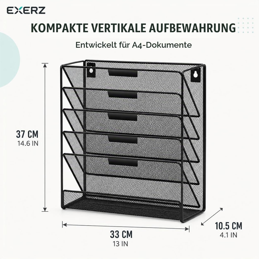 EXERZ Zeitschriften Wandhalter A4, Zeitschriftenhalter Wand, Prospekthalter, 5-lagiges Magzinregal, 5 Fächer Prospektspenderset, , Freistehend und Wandhalterung, Schwarz