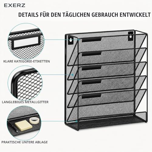 EXERZ Zeitschriften Wandhalter A4, Zeitschriftenhalter Wand, Prospekthalter, 5-lagiges Magzinregal, 5 Fächer Prospektspenderset, , Freistehend und Wandhalterung, Schwarz