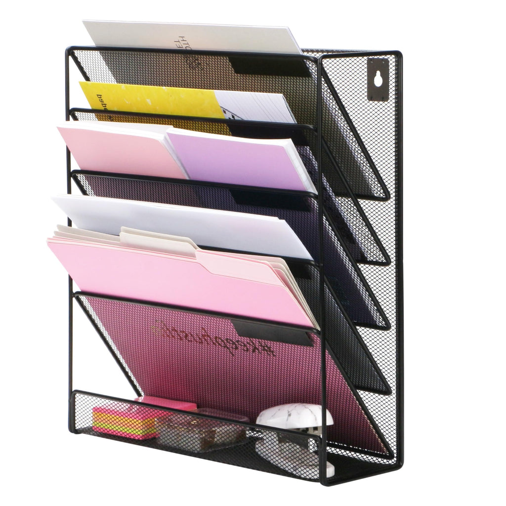 EXERZ Zeitschriften Wandhalter A4, Zeitschriftenhalter Wand, Prospekthalter, 5-lagiges Magzinregal, 5 Fächer Prospektspenderset, , Freistehend und Wandhalterung, Schwarz
