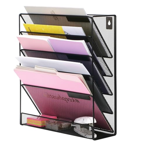 EXERZ Zeitschriften Wandhalter A4, Zeitschriftenhalter Wand, Prospekthalter, 5-lagiges Magzinregal, 5 Fächer Prospektspenderset, , Freistehend und Wandhalterung, Schwarz