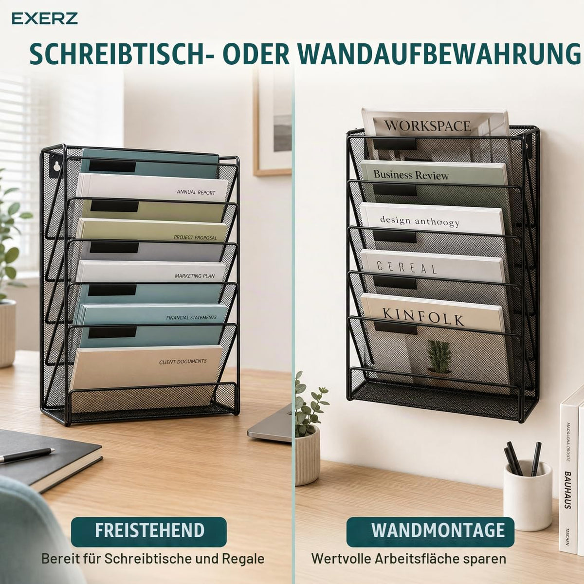 EXERZ Zeitschriften Wandhalter A4, Zeitschriftenhalter Wand, Prospekthalter, 5-lagiges Magzinregal, 5 Fächer Prospektspenderset, , Freistehend und Wandhalterung, Schwarz