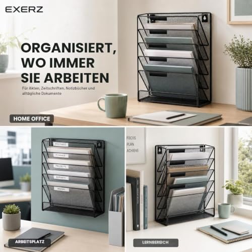 EXERZ Zeitschriften Wandhalter A4, Zeitschriftenhalter Wand, Prospekthalter, 5-lagiges Magzinregal, 5 Fächer Prospektspenderset, , Freistehend und Wandhalterung, Schwarz