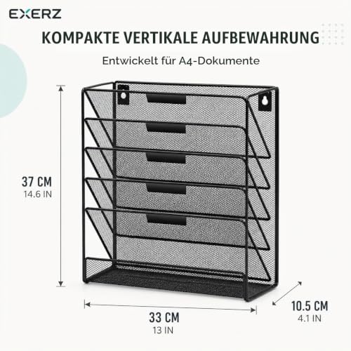 EXERZ Zeitschriften Wandhalter A4, Zeitschriftenhalter Wand, Prospekthalter, 5-lagiges Magzinregal, 5 Fächer Prospektspenderset, , Freistehend und Wandhalterung, Schwarz