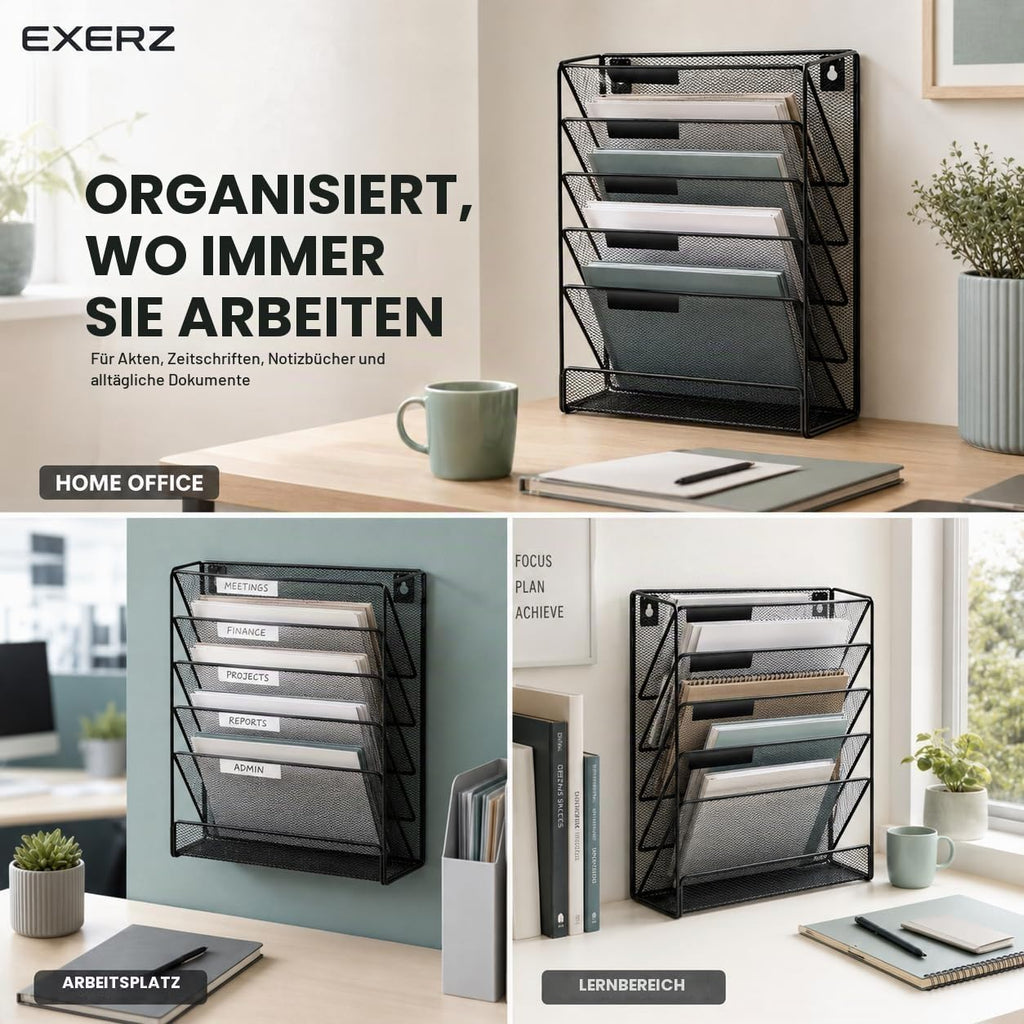 EXERZ Zeitschriften Wandhalter A4, Zeitschriftenhalter Wand, Prospekthalter, 5-lagiges Magzinregal, 5 Fächer Prospektspenderset, , Freistehend und Wandhalterung, Schwarz
