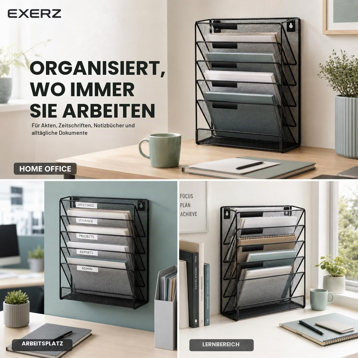 EXERZ Zeitschriften Wandhalter A4, Zeitschriftenhalter Wand, Prospekthalter, 5-lagiges Magzinregal, 5 Fächer Prospektspenderset, , Freistehend und Wandhalterung, Schwarz