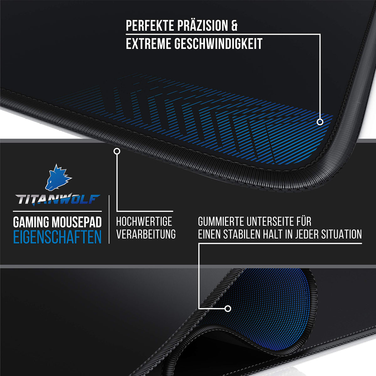 TITANWOLF - XXL Mauspad komplett Schwarz Speed Gaming 900 x 400mm - XXL Mousepad - Tischunterlage Large Size - verbessert Präzision & Geschwindigkeit - Stabiler Halt auf glatten Oberflächen
