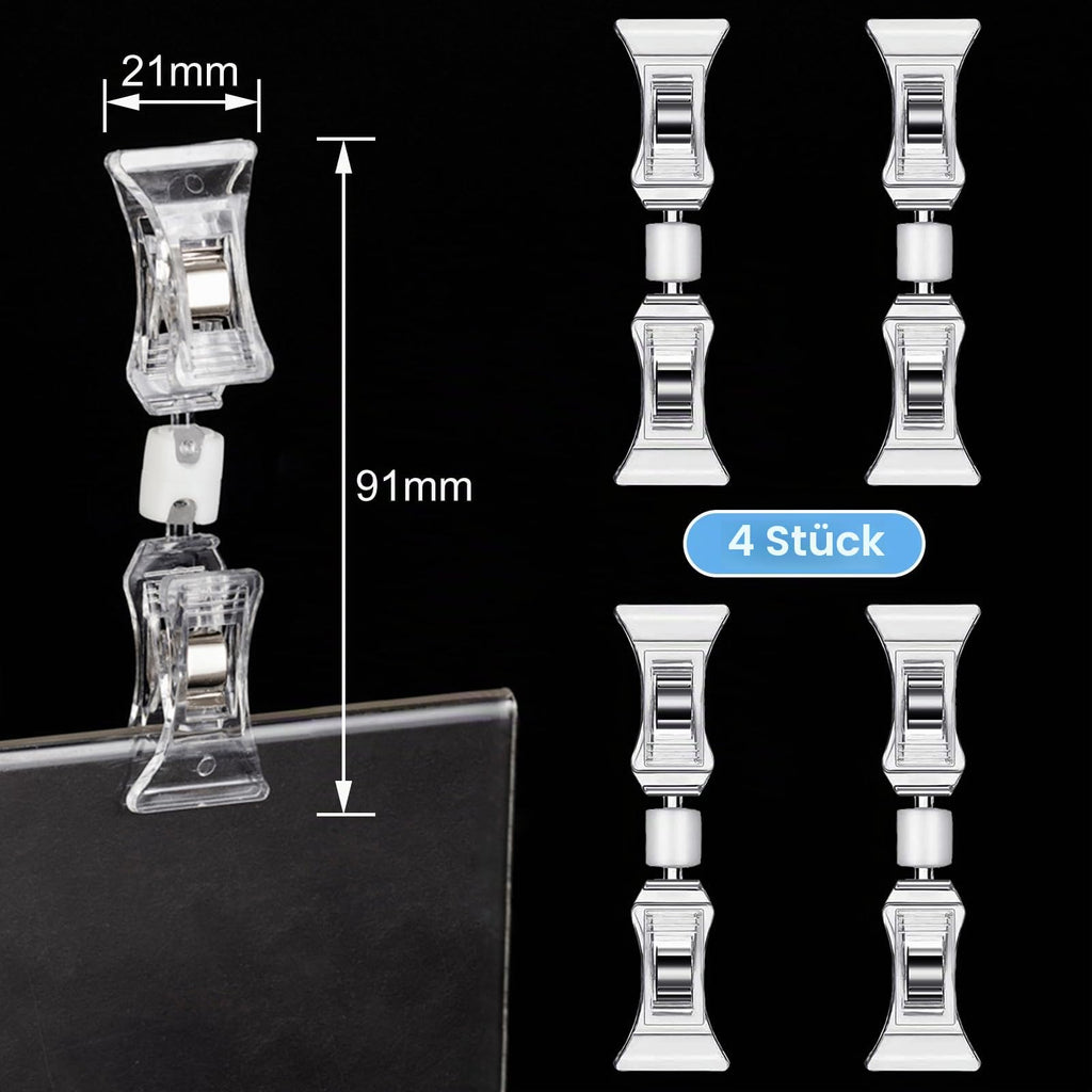 Clip-Preisschild-Label-Halter - 4er-Pack drehbare Doppelclips Tischkartenhalter, transparenter Preisschild-Clipper-Display, Flohmarkt-Notizhalter-Fotoständer-Schildbefestigung