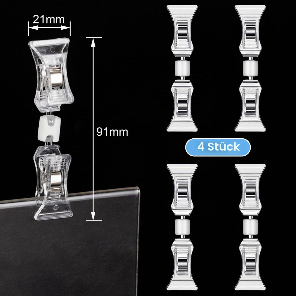 Clip-Preisschild-Label-Halter - 4er-Pack drehbare Doppelclips Tischkartenhalter, transparenter Preisschild-Clipper-Display, Flohmarkt-Notizhalter-Fotoständer-Schildbefestigung