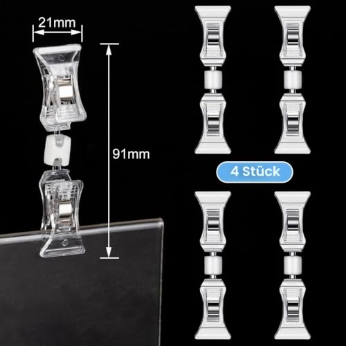 Clip-Preisschild-Label-Halter - 4er-Pack drehbare Doppelclips Tischkartenhalter, transparenter Preisschild-Clipper-Display, Flohmarkt-Notizhalter-Fotoständer-Schildbefestigung