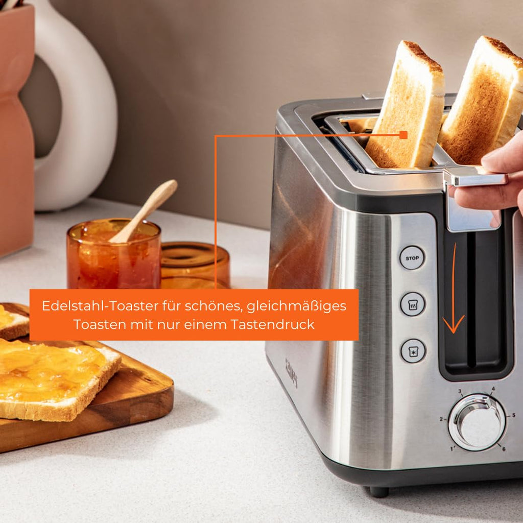 Krups KH442D Control Line Premium Toaster, Edelstahl, 2 kurze Schlitze für 2 Scheiben, Brötchenaufsatz, 6 Bräunungsgrade, 850 W, 23.6 x 32.4 x 20.2 cm, Silber/ Schwarz