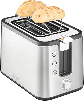 Krups KH442D Control Line Premium Toaster, Edelstahl, 2 kurze Schlitze für 2 Scheiben, Brötchenaufsatz, 6 Bräunungsgrade, 850 W, 23.6 x 32.4 x 20.2 cm, Silber/ Schwarz