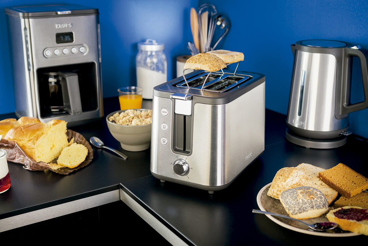Krups KH442D Control Line Premium Toaster, Edelstahl, 2 kurze Schlitze für 2 Scheiben, Brötchenaufsatz, 6 Bräunungsgrade, 850 W, 23.6 x 32.4 x 20.2 cm, Silber/ Schwarz