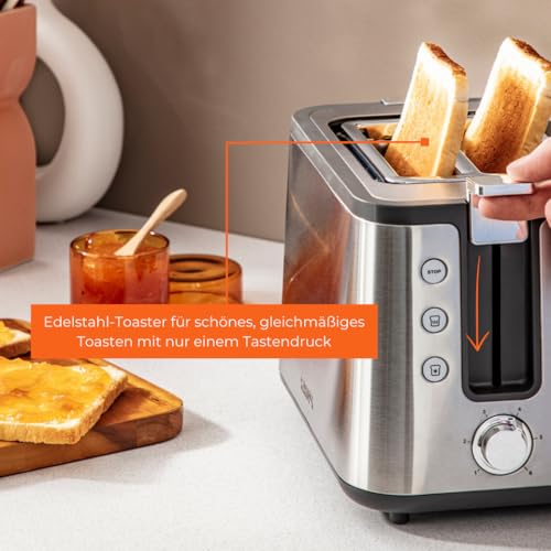 Krups KH442D Control Line Premium Toaster, Edelstahl, 2 kurze Schlitze für 2 Scheiben, Brötchenaufsatz, 6 Bräunungsgrade, 850 W, 23.6 x 32.4 x 20.2 cm, Silber/ Schwarz