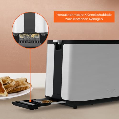 Krups KH442D Control Line Premium Toaster, Edelstahl, 2 kurze Schlitze für 2 Scheiben, Brötchenaufsatz, 6 Bräunungsgrade, 850 W, 23.6 x 32.4 x 20.2 cm, Silber/ Schwarz