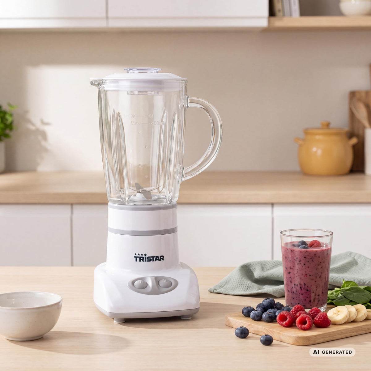 Tristar BL-4431 Mixer – Edelstahlklingen – 2 Geschwindigkeiten - 450 ml Glaskanne - Kompakt