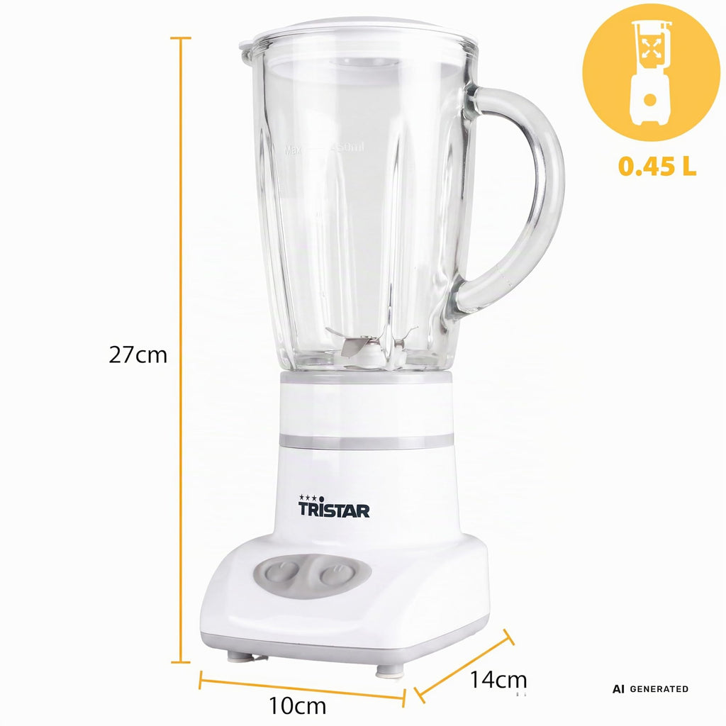 Tristar BL-4431 Mixer – Edelstahlklingen – 2 Geschwindigkeiten - 450 ml Glaskanne - Kompakt