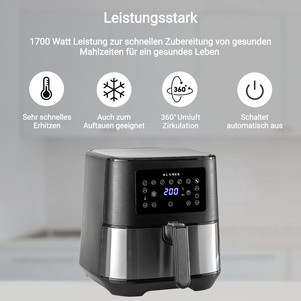 KLAMER Heißluftfritteuse 5,5 L XXL, 1700 W Airfryer, ölfreie Fritteuse