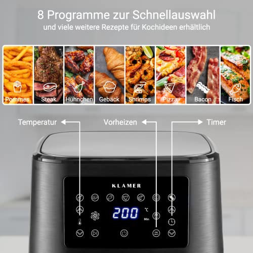 KLAMER Heißluftfritteuse 5,5 L XXL, 1700 W Airfryer, ölfreie Fritteuse