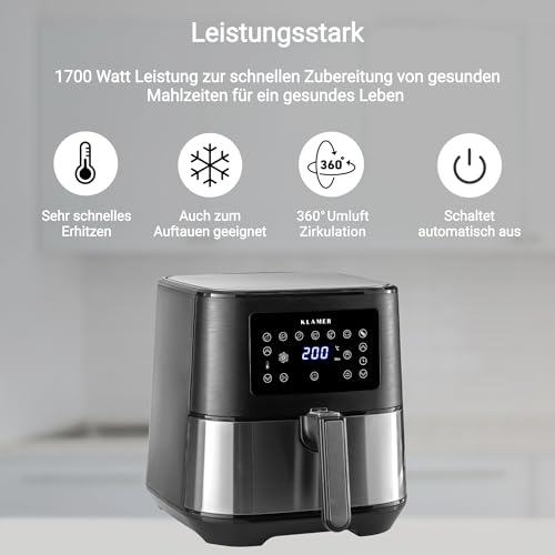 KLAMER Heißluftfritteuse 5,5 L XXL, 1700 W Airfryer, ölfreie Fritteuse