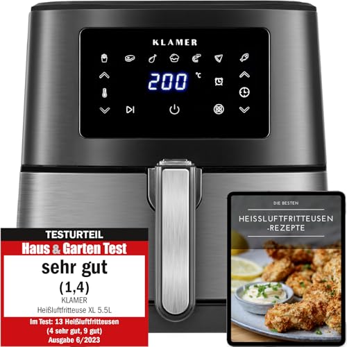 KLAMER Heißluftfritteuse 5,5 L XXL, 1700 W Airfryer, ölfreie Fritteuse