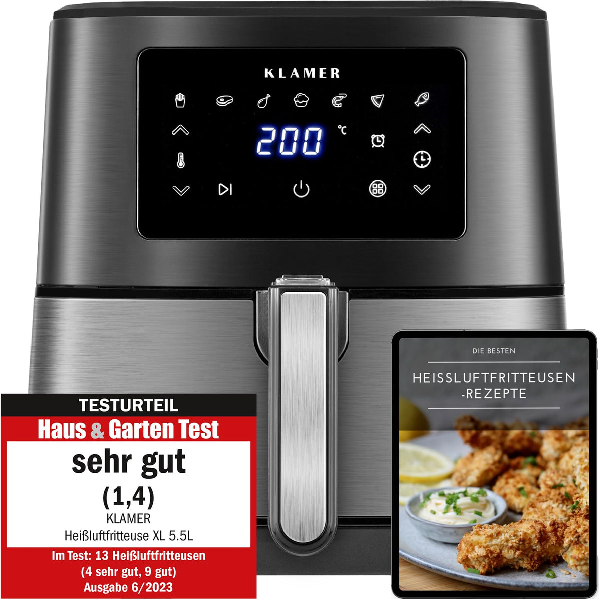 KLAMER Heißluftfritteuse 5,5 L XXL, 1700 W Airfryer, ölfreie Fritteuse