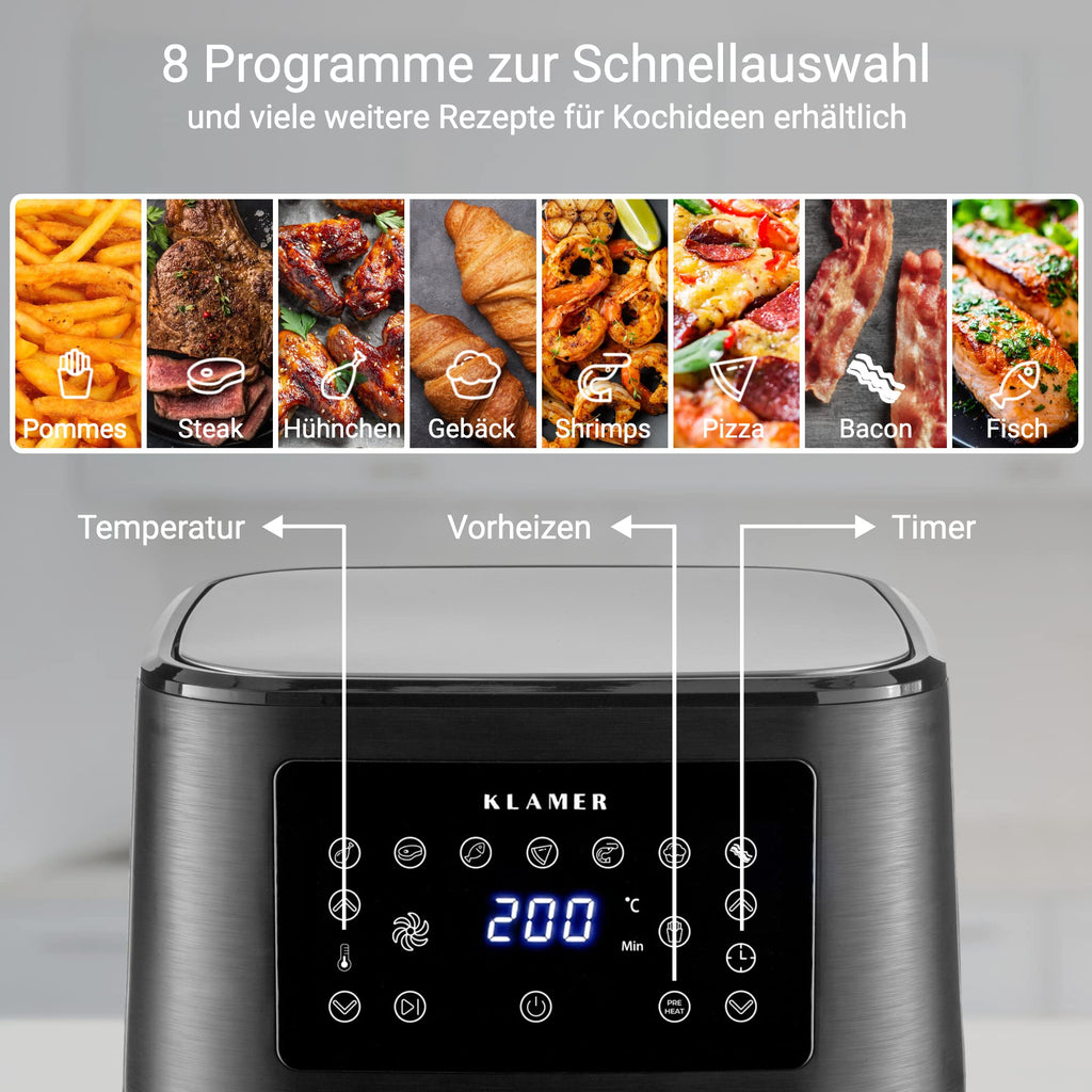 KLAMER Heißluftfritteuse 5,5 L XXL, 1700 W Airfryer, ölfreie Fritteuse