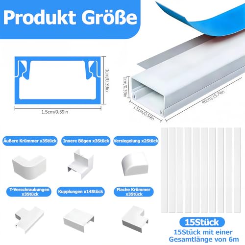 6m Kabelkanal Weiß Selbstklebend, 15 Stück L40cm x W15 x H10mm PVC Kabelschacht Weiss zum Verstecken von Kabel, Kabelleiste für die Wand, Schnelle Verklebung, kein Bohren erforderlich