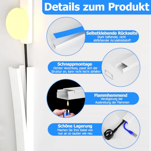 6m Kabelkanal Weiß Selbstklebend, 15 Stück L40cm x W15 x H10mm PVC Kabelschacht Weiss zum Verstecken von Kabel, Kabelleiste für die Wand, Schnelle Verklebung, kein Bohren erforderlich