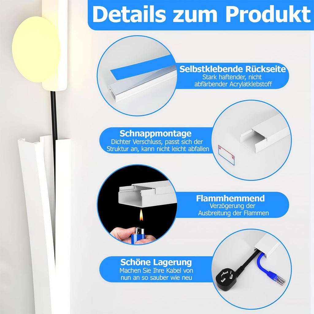 6m Kabelkanal Weiß Selbstklebend, 15 Stück L40cm x W15 x H10mm PVC Kabelschacht Weiss zum Verstecken von Kabel, Kabelleiste für die Wand, Schnelle Verklebung, kein Bohren erforderlich