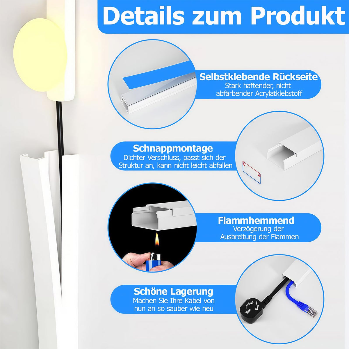 6m Kabelkanal Weiß Selbstklebend, 15 Stück L40cm x W15 x H10mm PVC Kabelschacht Weiss zum Verstecken von Kabel, Kabelleiste für die Wand, Schnelle Verklebung, kein Bohren erforderlich