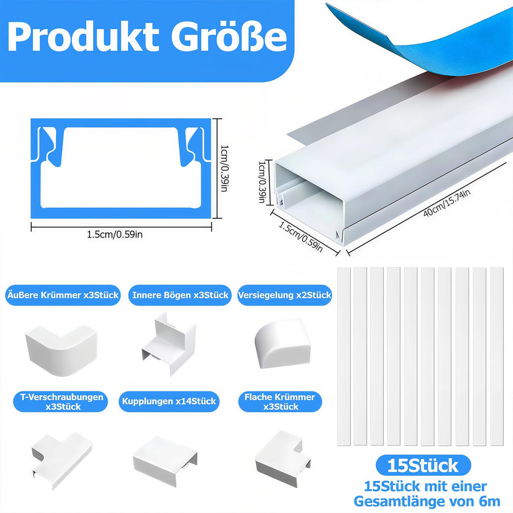 6m Kabelkanal Weiß Selbstklebend, 15 Stück L40cm x W15 x H10mm PVC Kabelschacht Weiss zum Verstecken von Kabel, Kabelleiste für die Wand, Schnelle Verklebung, kein Bohren erforderlich
