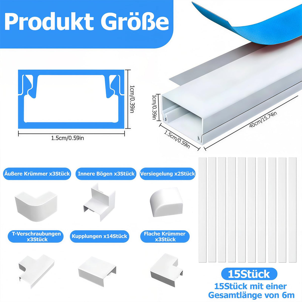 6m Kabelkanal Weiß Selbstklebend, 15 Stück L40cm x W15 x H10mm PVC Kabelschacht Weiss zum Verstecken von Kabel, Kabelleiste für die Wand, Schnelle Verklebung, kein Bohren erforderlich